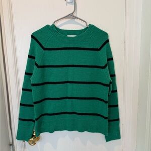 Evereve Thea Green and Black Striped Crew Neck Pullover Sweater